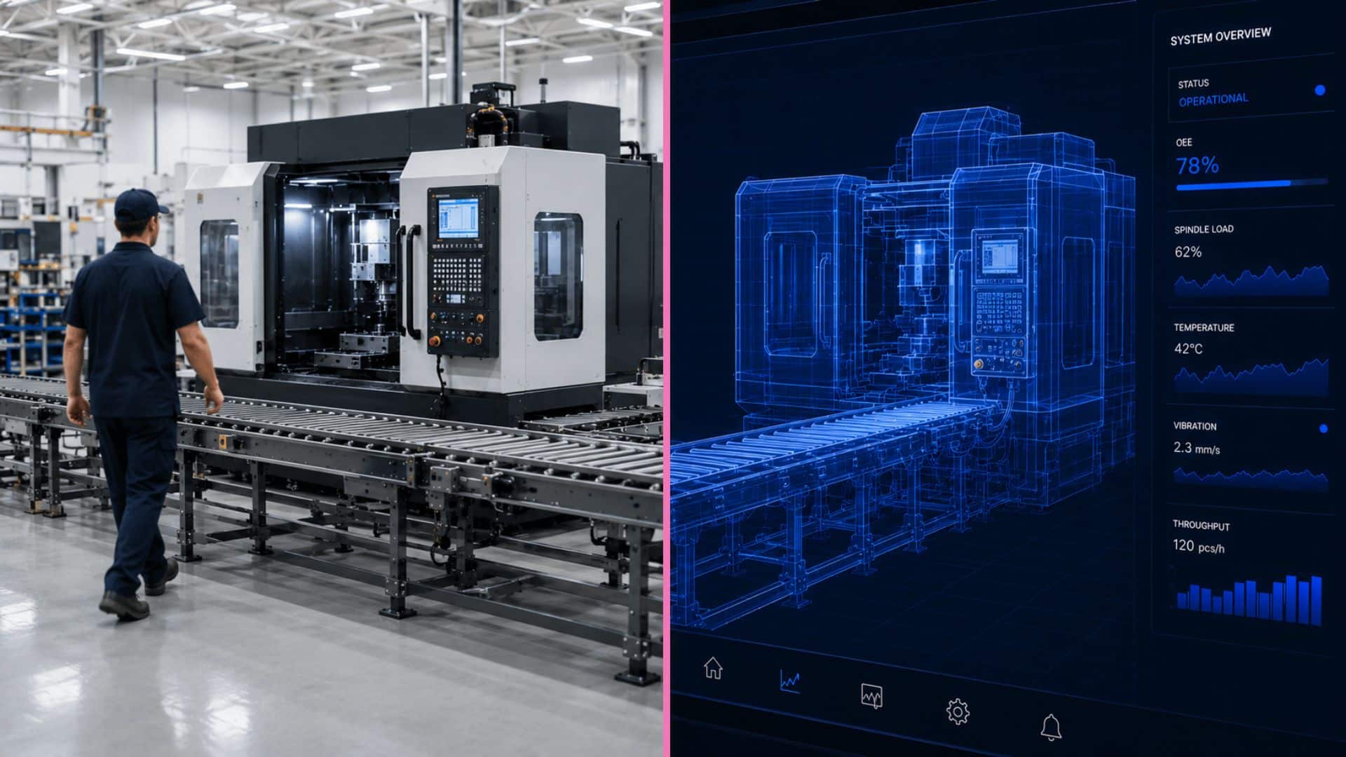 Digital twin operational data pulse connecting a physical factory floor to its live digital model