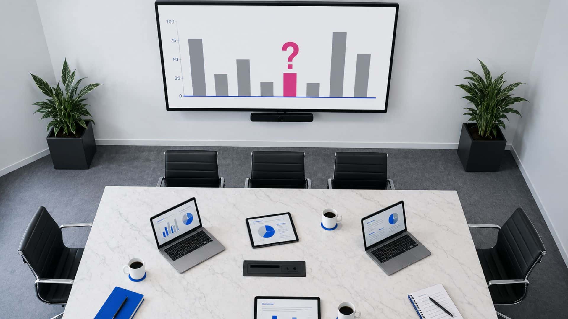 executive-operations-reporting-v01 Executive boardroom dashboard showing an unclear operational reporting metric that needs a capture layer