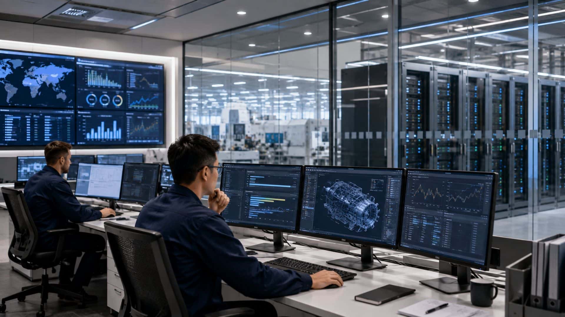 ai-inside-the-security-boundary-v01 Engineers monitoring secure manufacturing systems from a modern industrial control room with servers and operational dashboards.