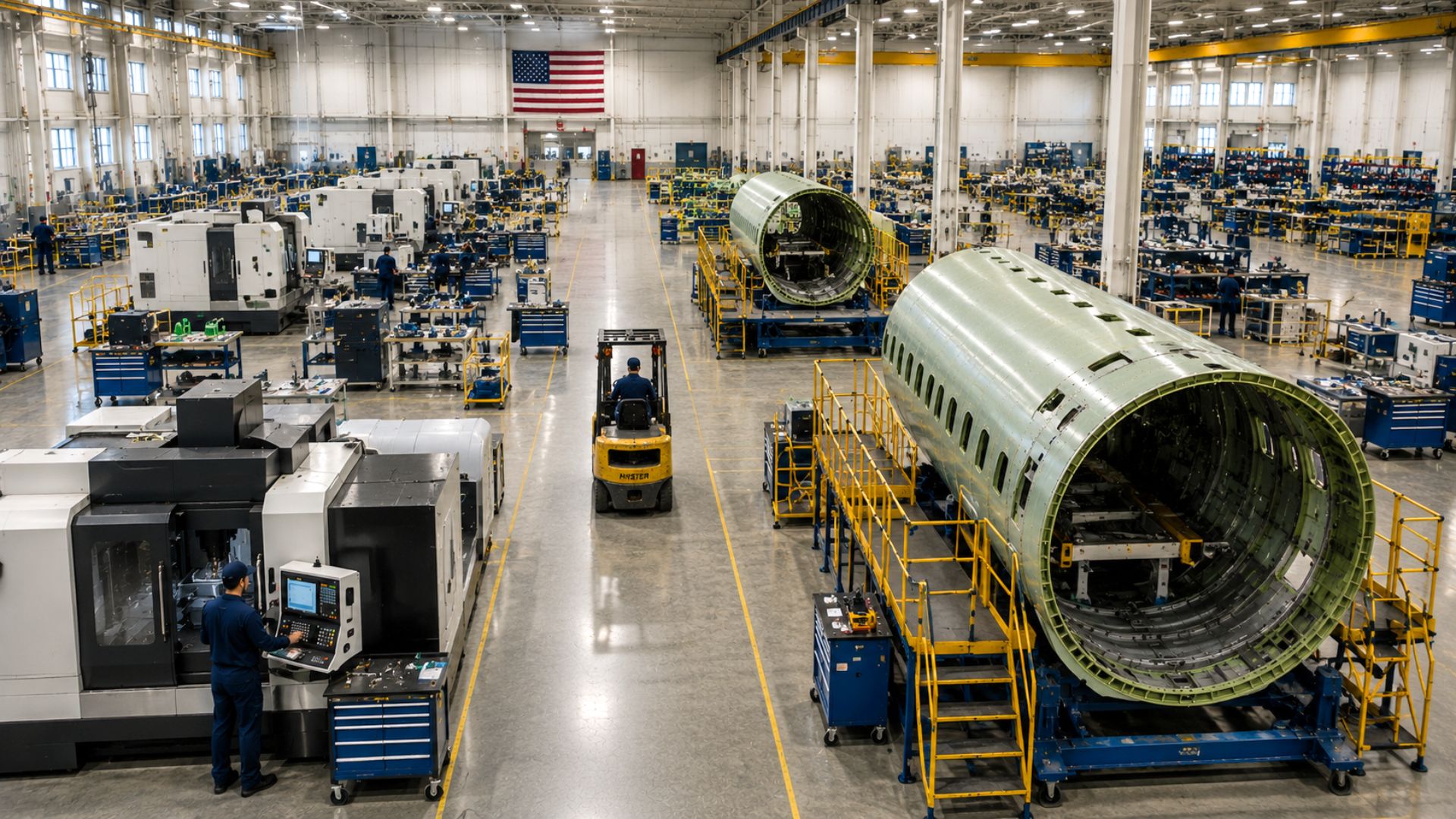 data-sheet-operational-intelligence-v01 Aerospace manufacturing floor with aircraft components, machinery, workers, and material-handling equipment operating across the facility.