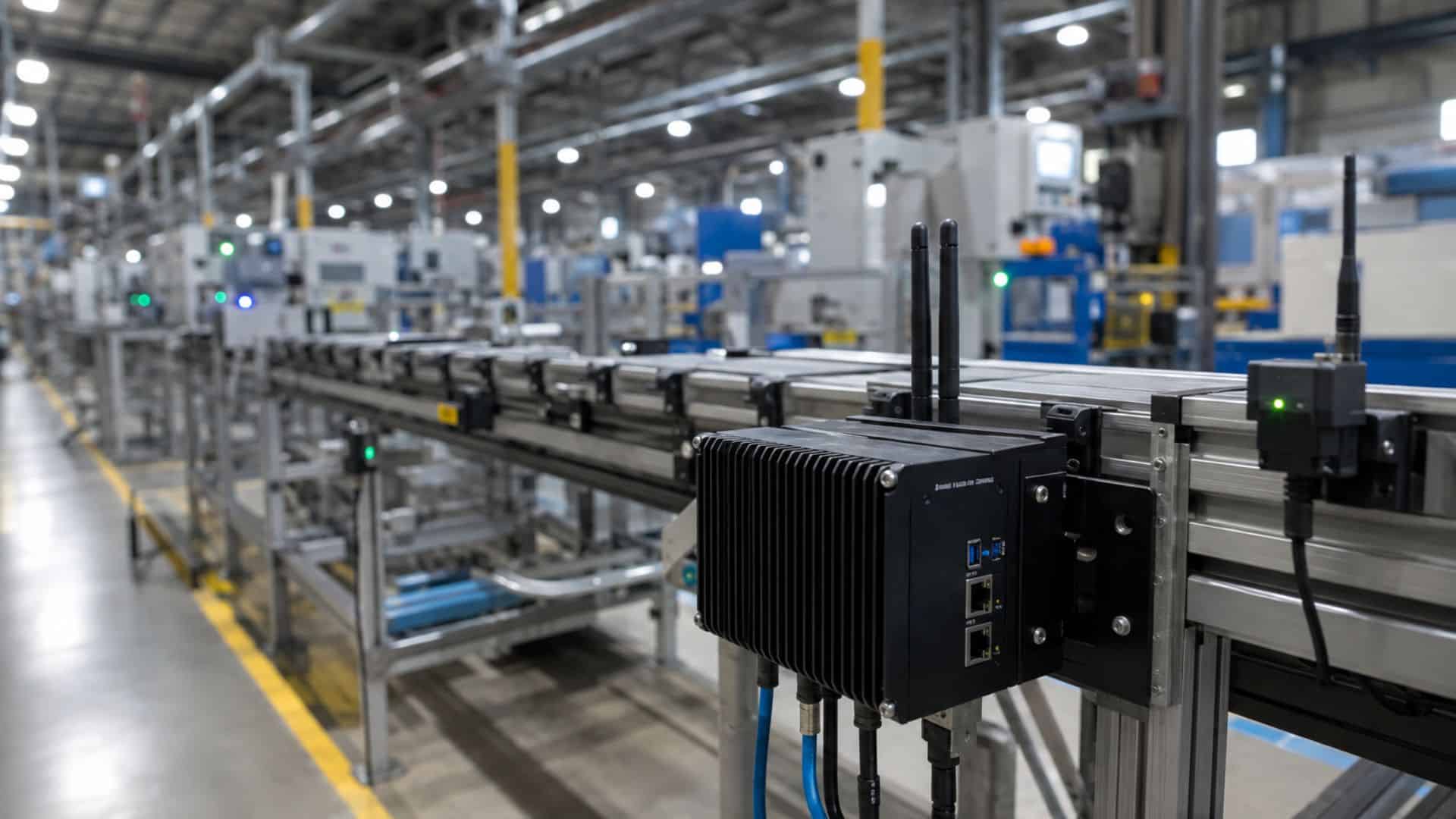 industrial-edge-ai-v01 Edge compute device mounted on a factory production line for industrial edge AI processing