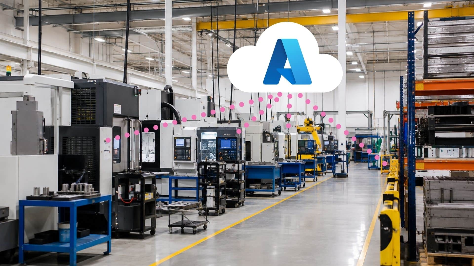 physical-ai-with-microsoft-azure-v01 Industrial facility floor with sensor data flowing upward toward Azure Physical AI cloud tools