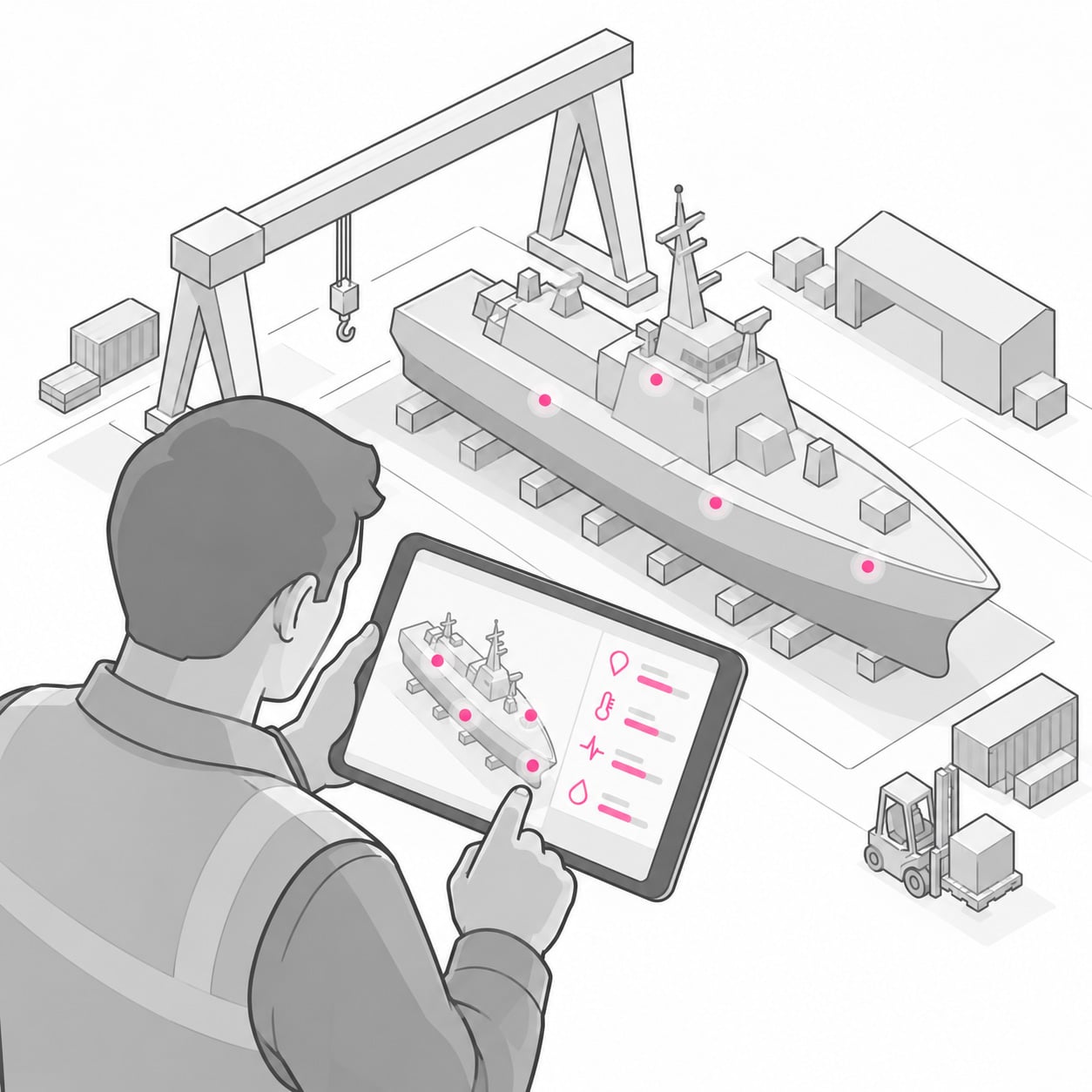Isometric illustration of a shipyard worker using a tablet to view a sensor-equipped vessel and its operational data while the physical ship sits in the yard behind him.