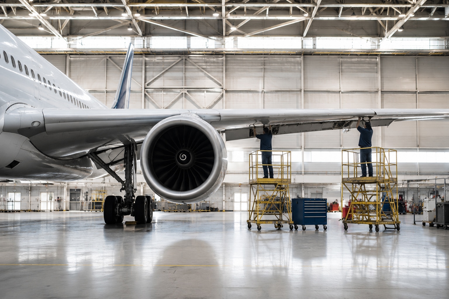 Technicians-working-on-wing Aircraft technicians performing maintenance on a wide-body jet engine in a hangar.
