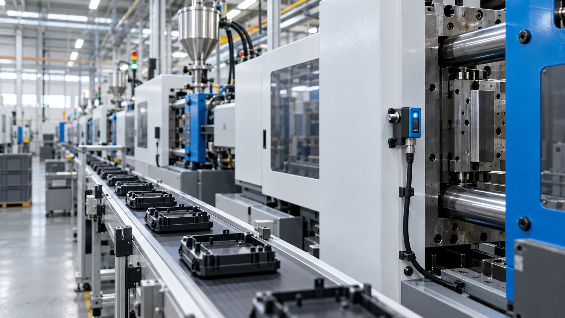 big-data-in-manufacturing-v01 Injection molding line on a factory floor generating big data in manufacturing