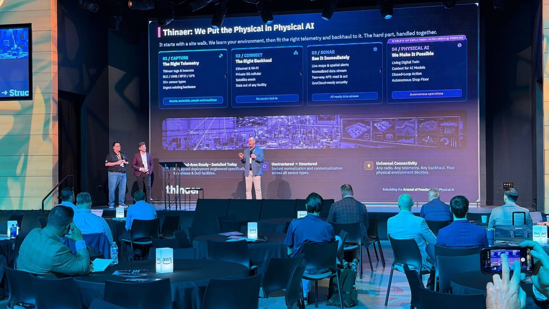 dib-forum-bryan-v01 Bryan Merckling, Thinaer CEO, presents 'We Put the Physical in Physical AI' on stage at the AWS Defense and National Security Industry Partner Forum