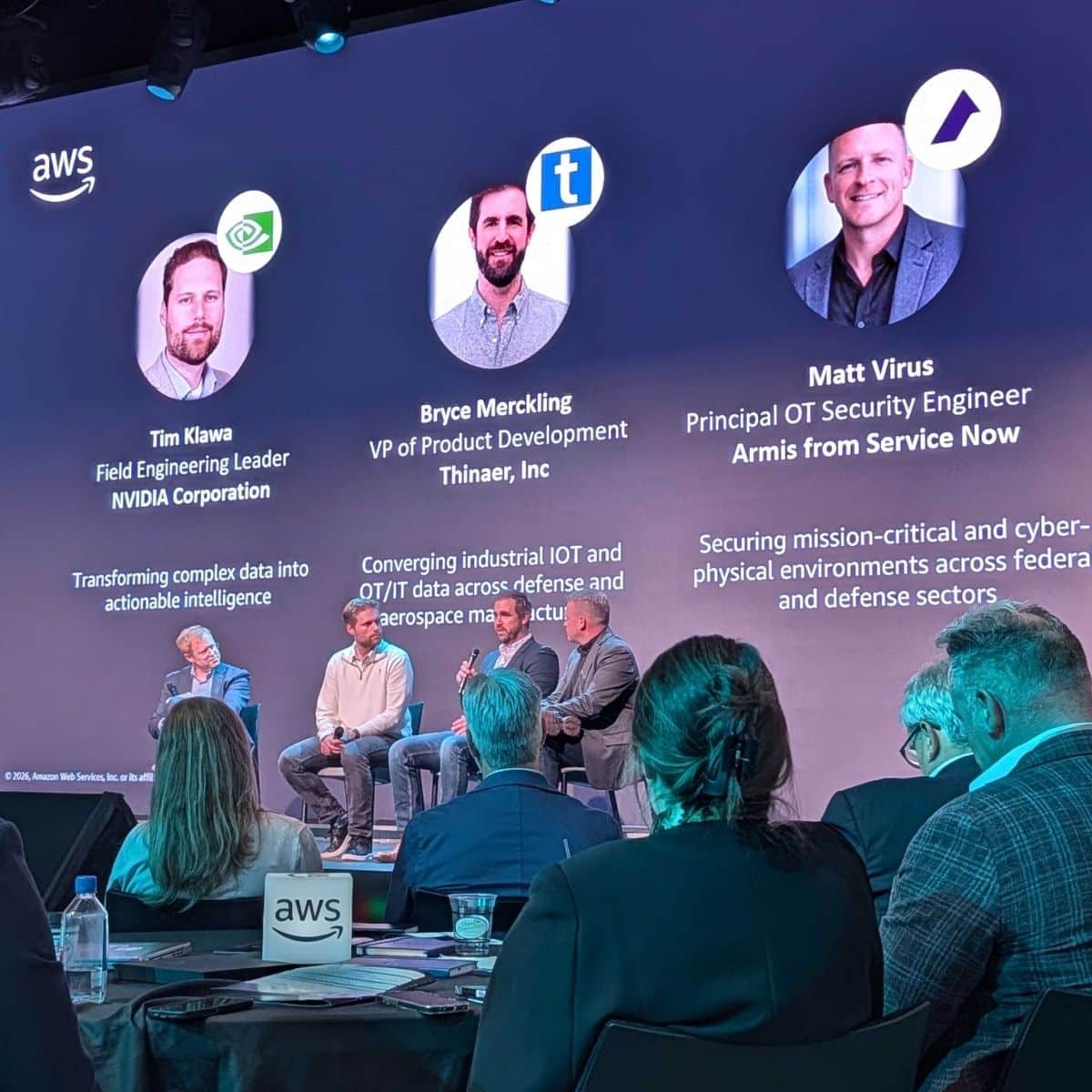 dib-forum-bryce-v01 Bryce Merckling of Thinaer speaks on the OT/IT security panel with Tim Klawa (NVIDIA) and Matt Virus (Armis) at the AWS Defense and National Security Industry Partner Forum