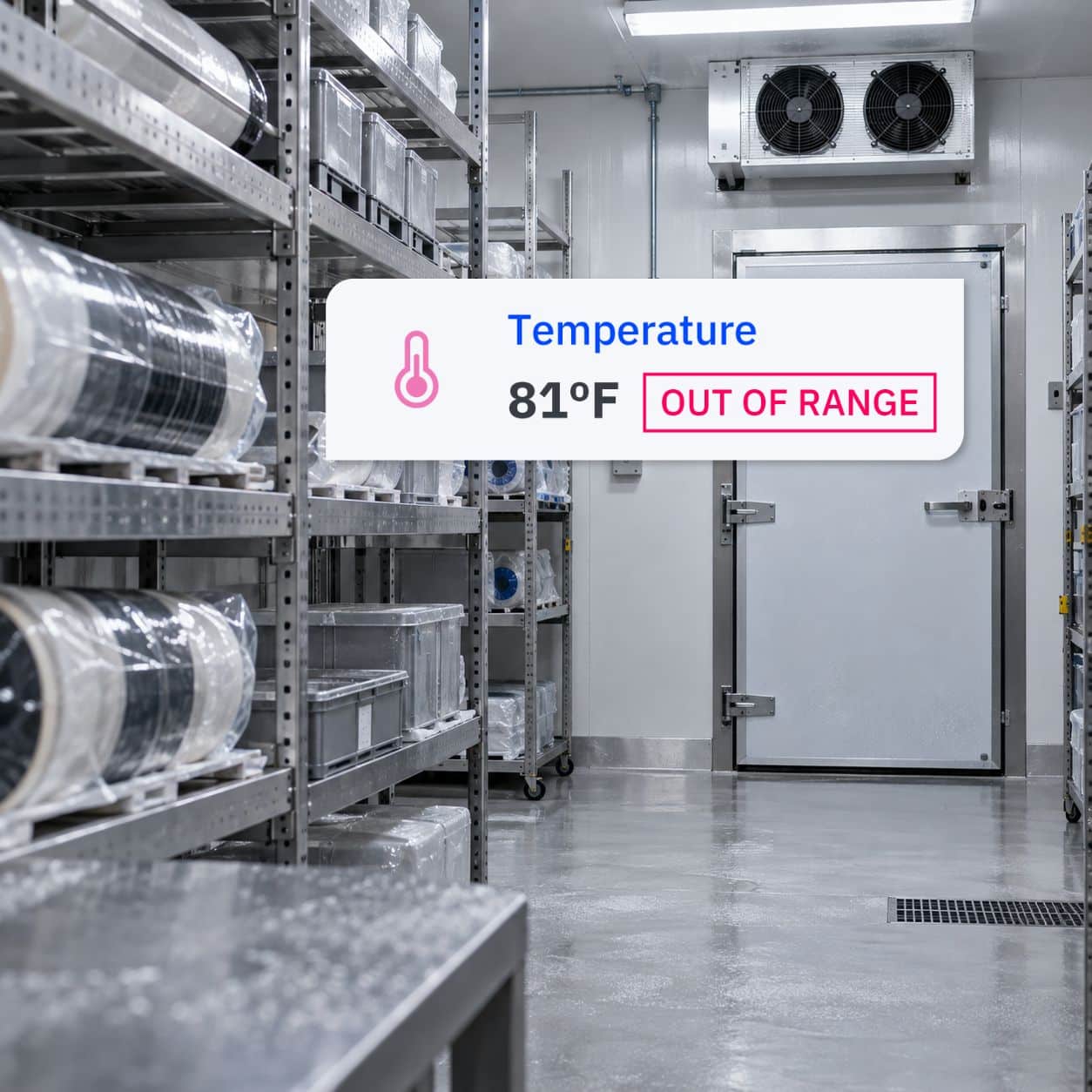 industrial-cold-storage-v02 Sealed material rolls stored on metal racks inside a controlled cold storage room with a temperature sensor overlay.