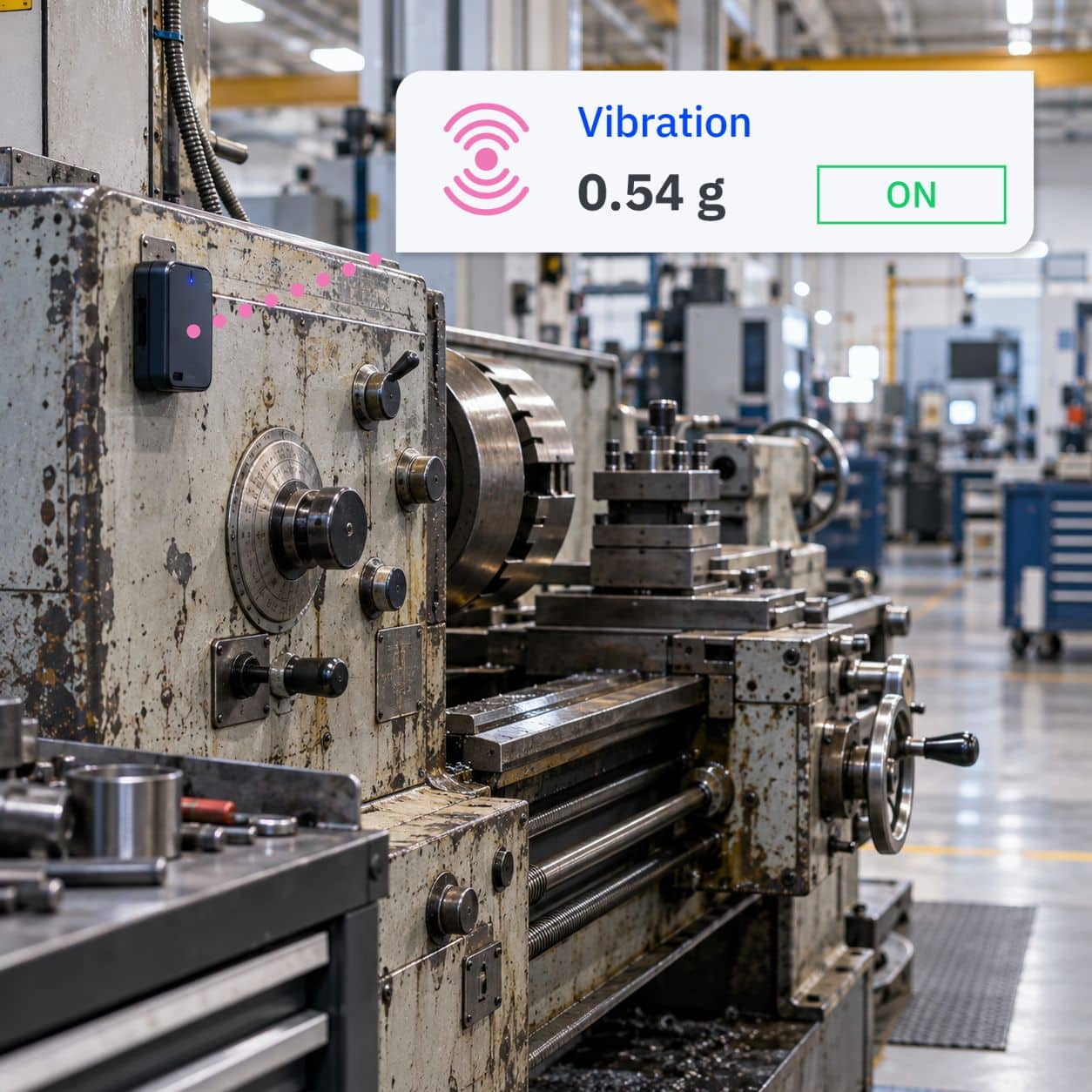 older-machine-with-sensor-v02 Aging manual lathe with worn controls and a modern wireless sensor mounted to its housing on a machine shop floor.