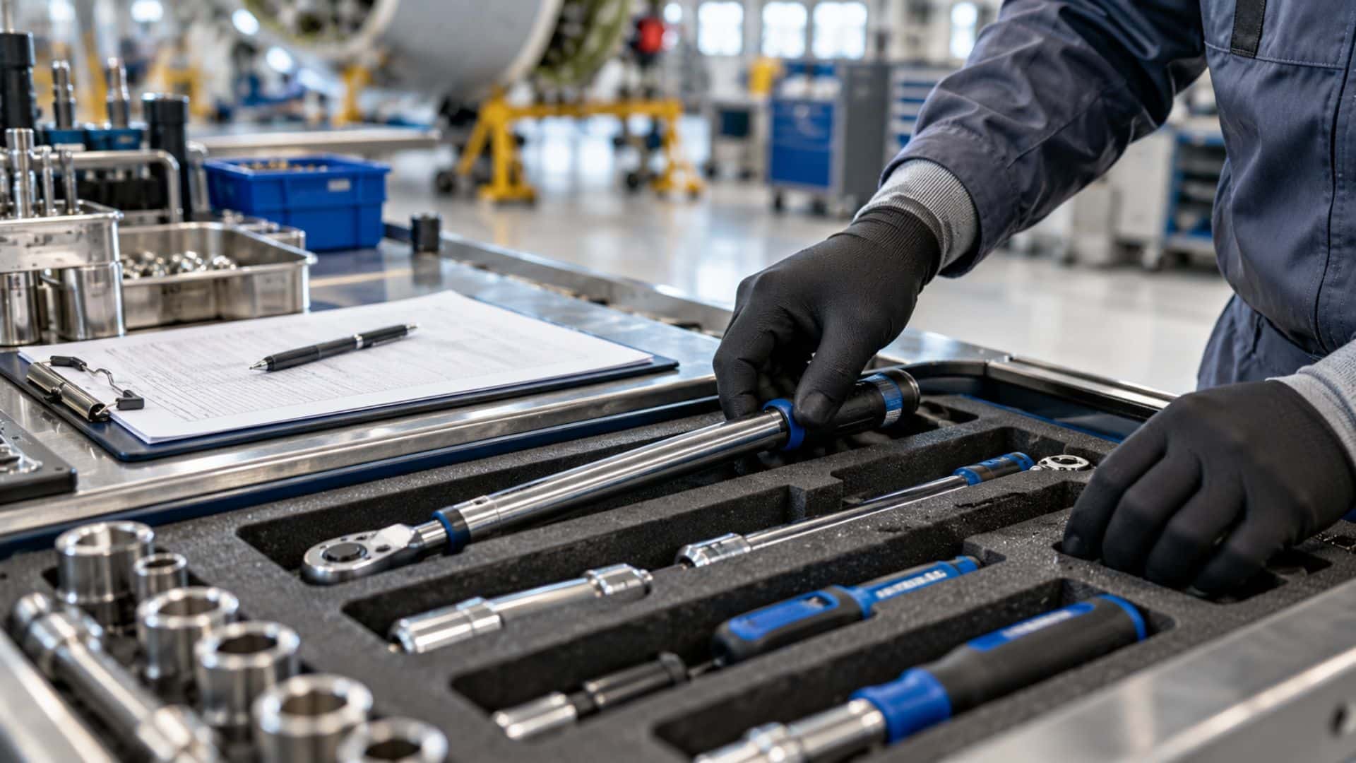 Technician returning a tool to its tray, the physical context an ontology layer must capture